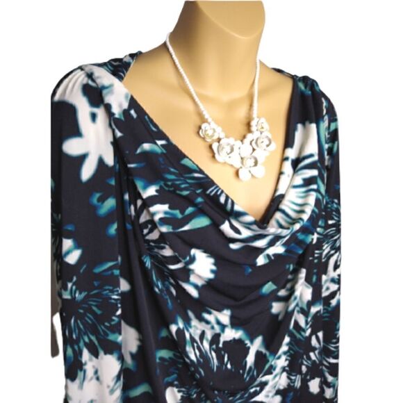 WORTHINGTON Stretch Drape Neck Sexy Blue/Green/Black/White Floral Top XL - Picture 3 of 8